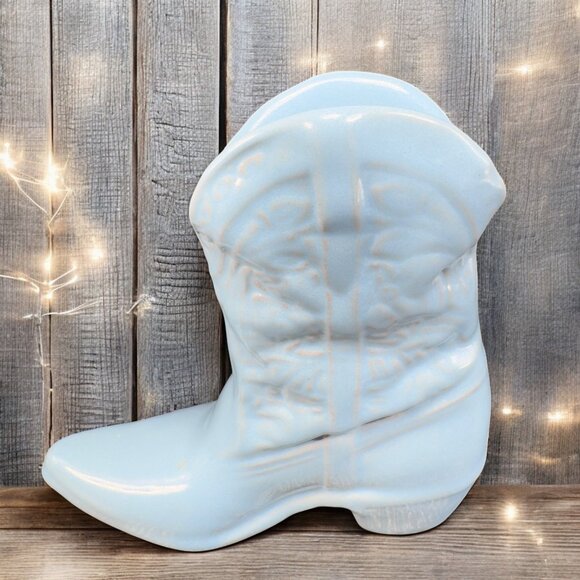 Frankoma Pottery Western Cowboy Boot Vase Planter Light Blue USA Pottery Vintage - Picture 1 of 7